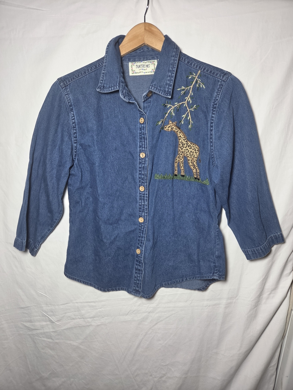 Tantrums Blue Denim Button-Up Shirt with Giraffe Embroidery